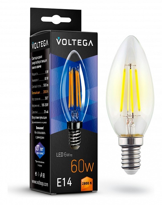Лампа светодиодная Voltega Crystal E14 6Вт 2800K 7019 фото 1 — Магазин svetno.ru