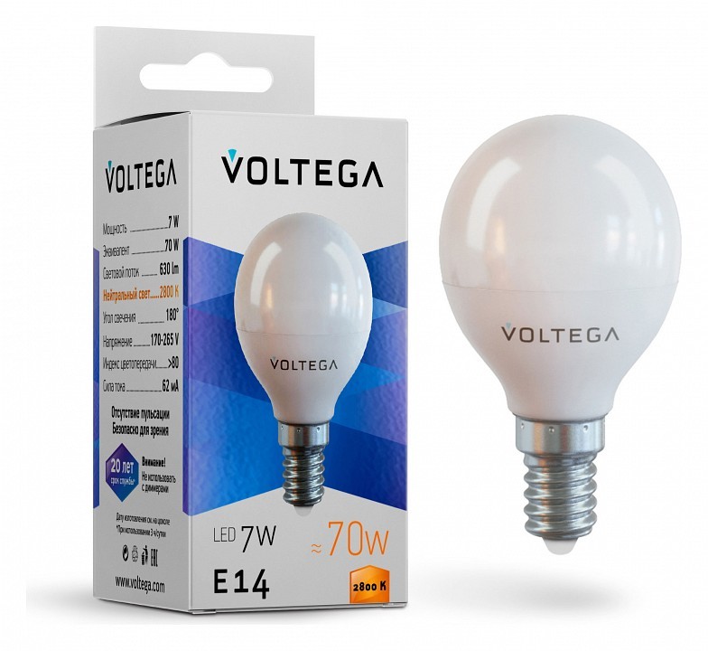 Лампа светодиодная Voltega Simple E14 7Вт 2800K VG2-G45E14warm7W фото 1 — Магазин svetno.ru